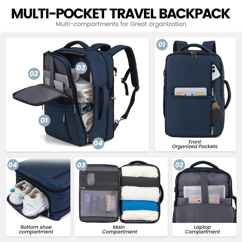 Carry-On Travel Backpack with 3 Packing Cubes and Shoe Compartment - Pasellsandbuys